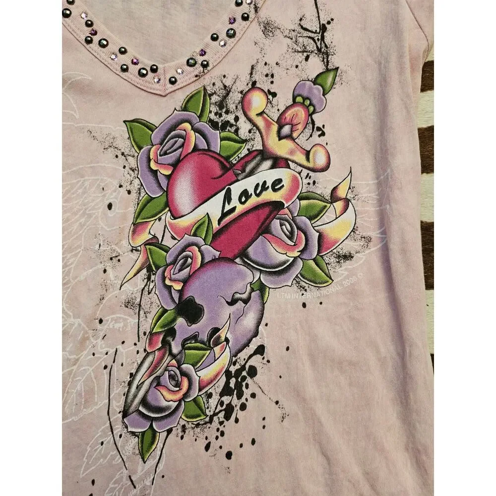 Vintage Bejeweled Y2K Body Con T-shirt Dress Ed Hardy Style Sz M - Picture 4 of 6